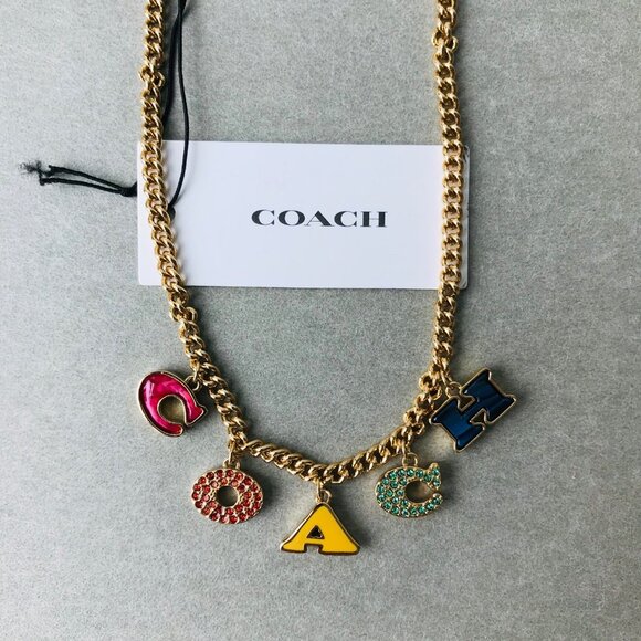 COACH Signature Gold-Tone/ Multicolor Embellished Logo Necklace w Jewelry bag - Picture 1 of 10